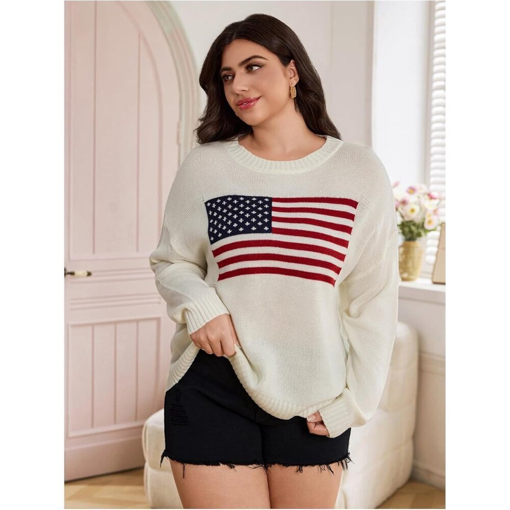Plus Size American Flag Sweater Women's Long Sleeve Knit Crew Neck - Picture 3 of 5